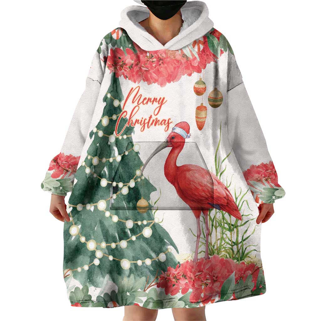 Personalized Trinidad And Tobago Christmas Wearable Blanket Hoodie Scarlet Ibis Wild Poinsettia Watercolor - Wonder Print Shop