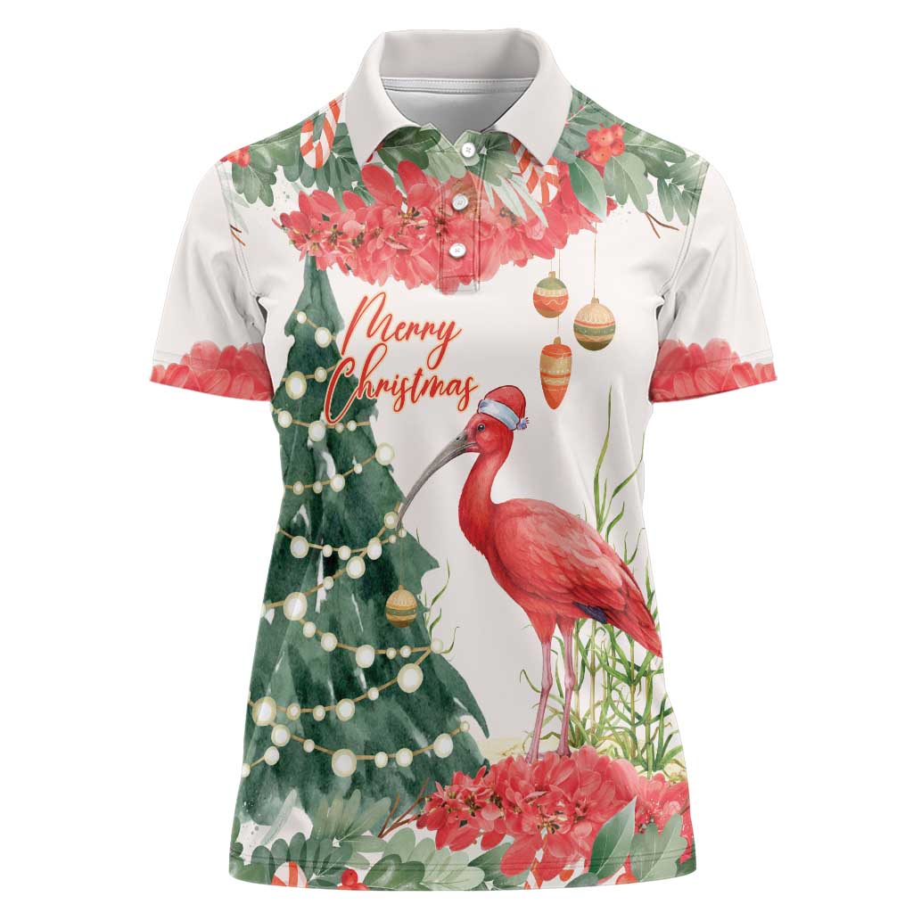 Personalized Trinidad And Tobago Christmas Women Polo Shirt Scarlet Ibis Wild Poinsettia Watercolor - Wonder Print Shop