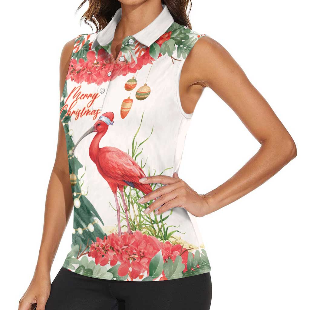 Personalized Trinidad And Tobago Christmas Women Sleeveless Polo Shirt Scarlet Ibis Wild Poinsettia Watercolor - Wonder Print Shop