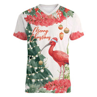 Personalized Trinidad And Tobago Christmas Women V-Neck T-Shirt Scarlet Ibis Wild Poinsettia Watercolor - Wonder Print Shop