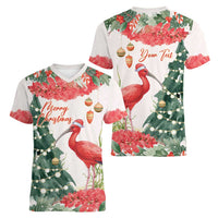 Personalized Trinidad And Tobago Christmas Women V-Neck T-Shirt Scarlet Ibis Wild Poinsettia Watercolor - Wonder Print Shop
