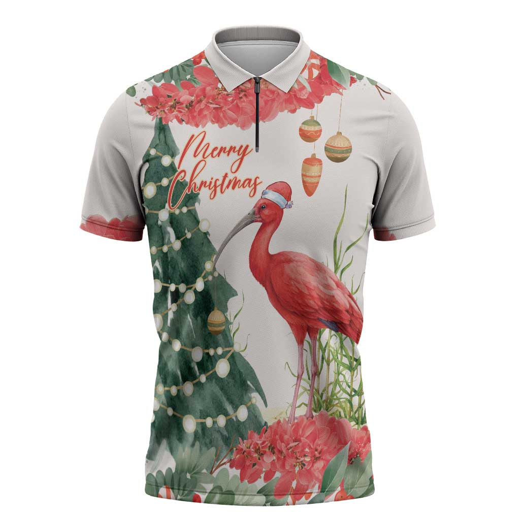 Personalized Trinidad And Tobago Christmas Zipper Polo Shirt Scarlet Ibis Wild Poinsettia Watercolor - Wonder Print Shop