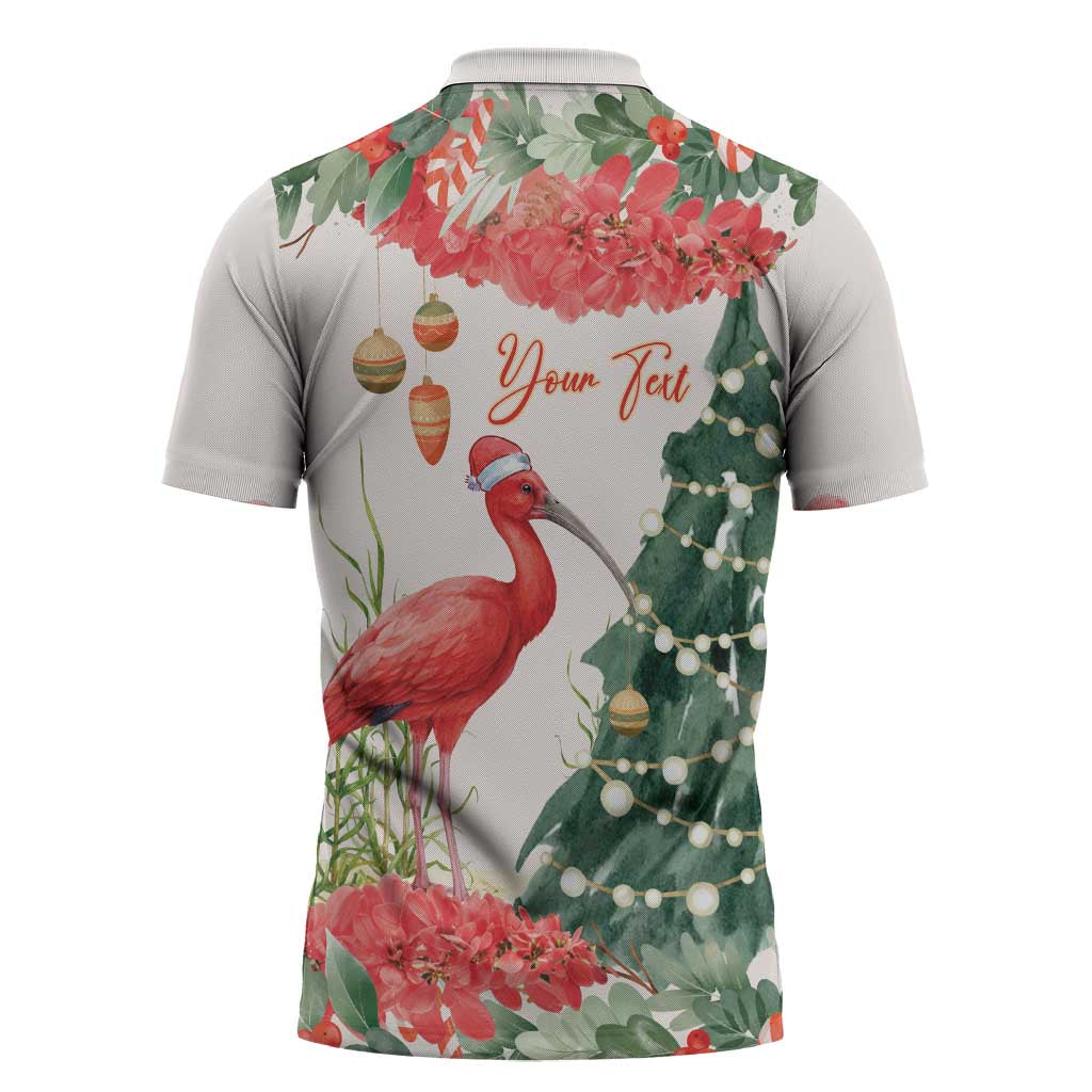 Personalized Trinidad And Tobago Christmas Zipper Polo Shirt Scarlet Ibis Wild Poinsettia Watercolor - Wonder Print Shop