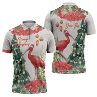 Personalized Trinidad And Tobago Christmas Zipper Polo Shirt Scarlet Ibis Wild Poinsettia Watercolor - Wonder Print Shop
