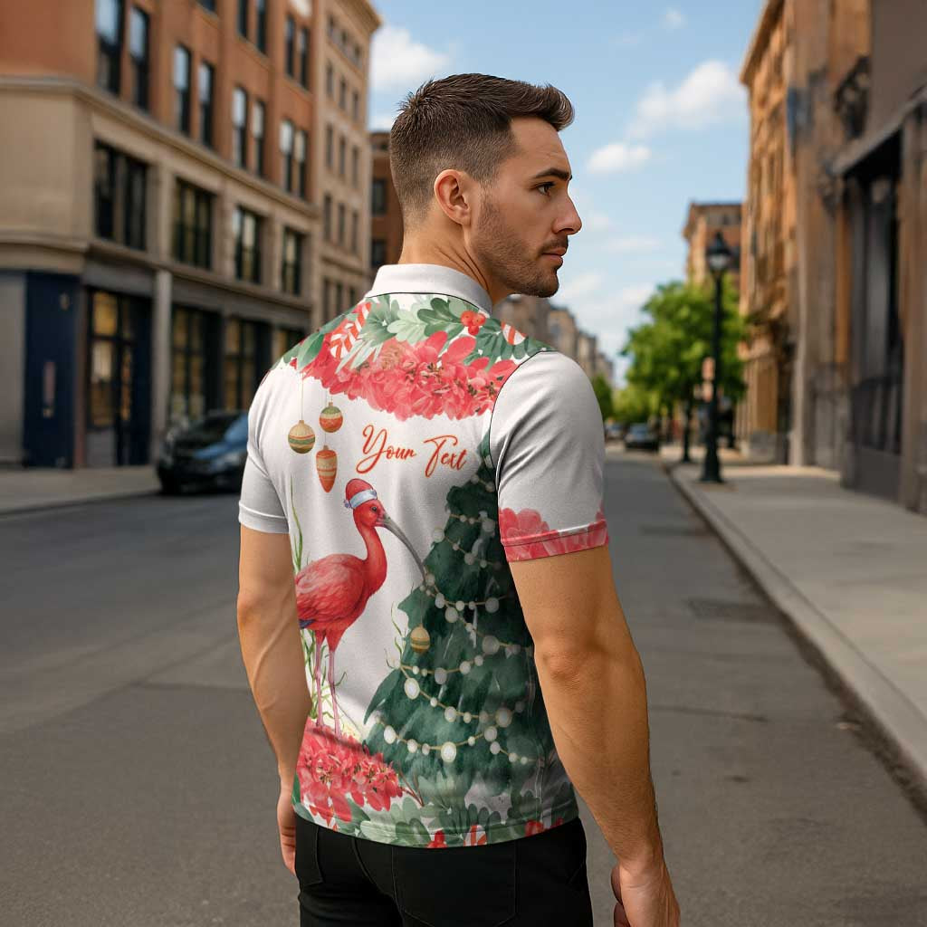 Personalized Trinidad And Tobago Christmas Zipper Polo Shirt Scarlet Ibis Wild Poinsettia Watercolor - Wonder Print Shop