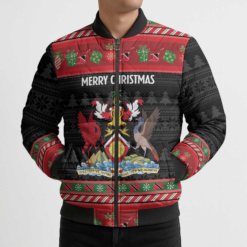 Trinidad And Tobago Christmas Bomber Puffer Jacket Merry Xmas Coat Of Arms - Wonder Print Shop