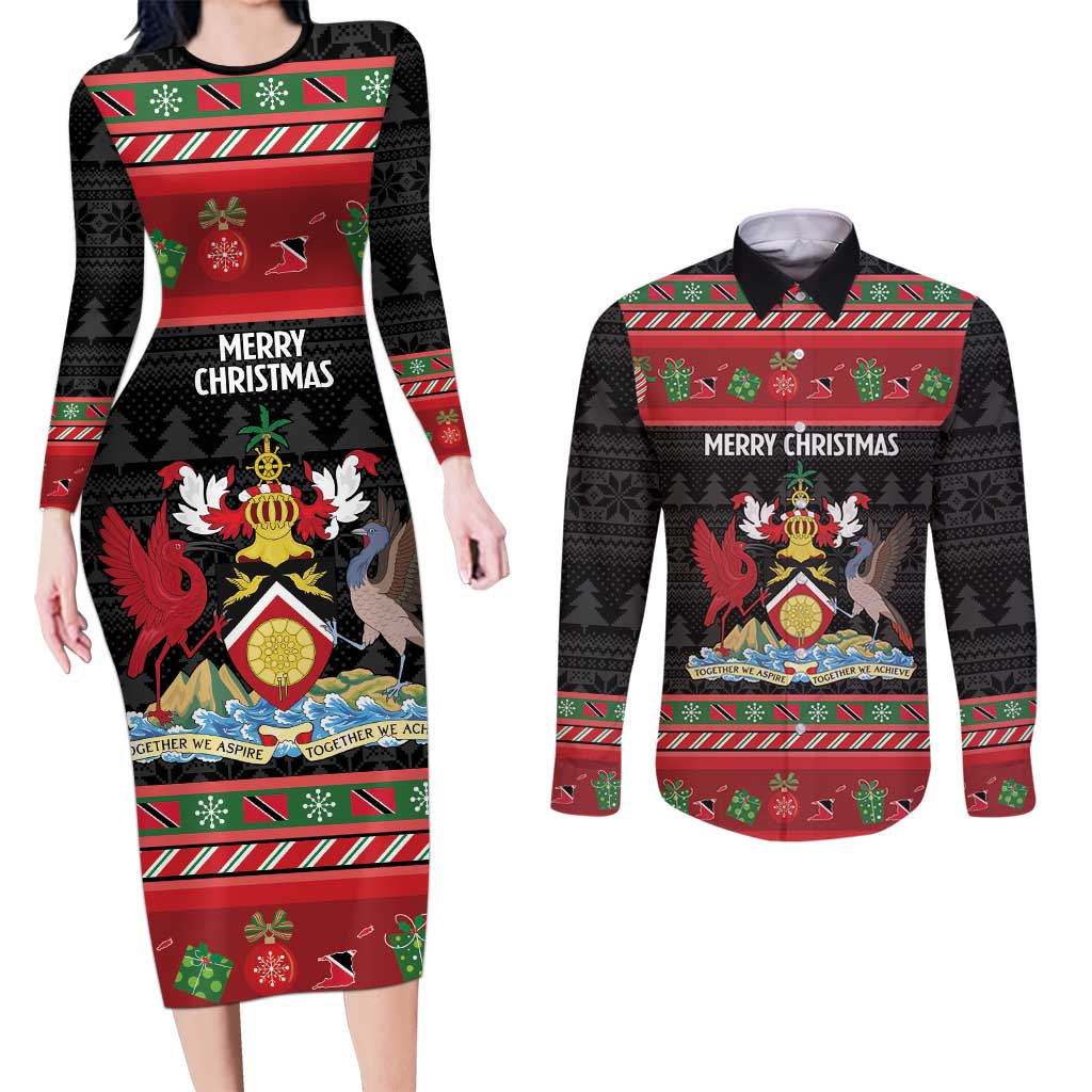Trinidad And Tobago Christmas Couples Matching Long Sleeve Bodycon Dress and Long Sleeve Button Shirt Merry Xmas Coat Of Arms - Wonder Print Shop