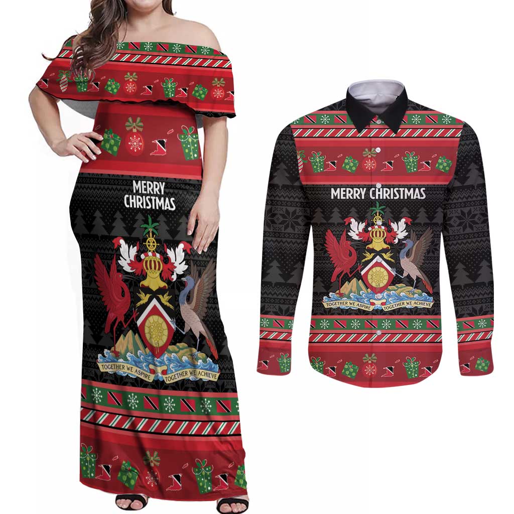Trinidad And Tobago Christmas Couples Matching Off Shoulder Maxi Dress and Long Sleeve Button Shirt Merry Xmas Coat Of Arms - Wonder Print Shop
