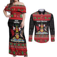 Trinidad And Tobago Christmas Couples Matching Off Shoulder Maxi Dress and Long Sleeve Button Shirt Merry Xmas Coat Of Arms - Wonder Print Shop