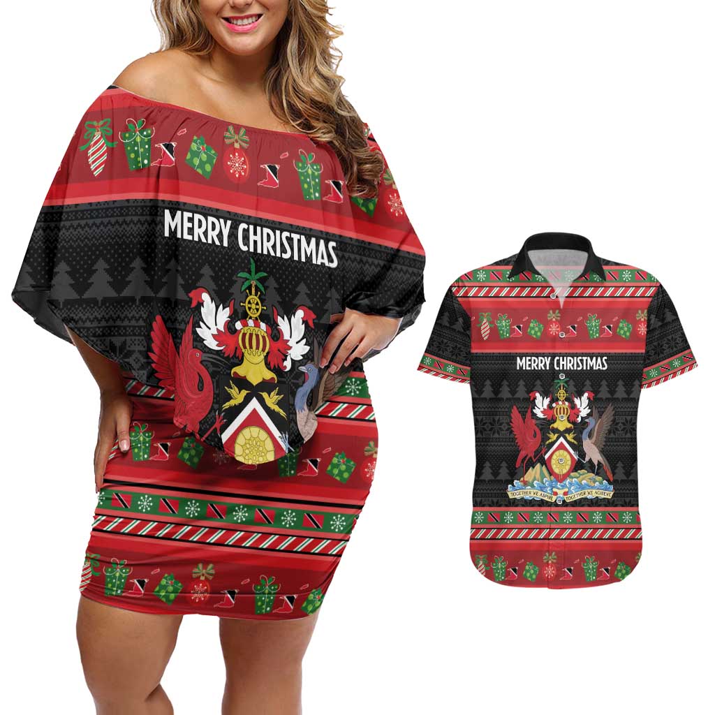 Trinidad And Tobago Christmas Couples Matching Off Shoulder Short Dress and Hawaiian Shirt Merry Xmas Coat Of Arms - Wonder Print Shop