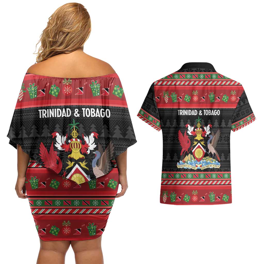 Trinidad And Tobago Christmas Couples Matching Off Shoulder Short Dress and Hawaiian Shirt Merry Xmas Coat Of Arms - Wonder Print Shop