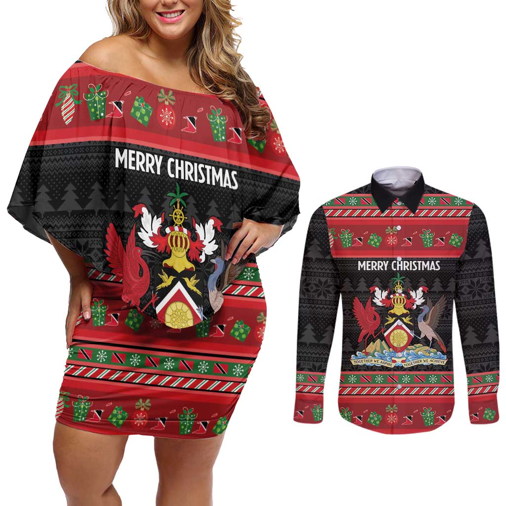 Trinidad And Tobago Christmas Couples Matching Off Shoulder Short Dress and Long Sleeve Button Shirt Merry Xmas Coat Of Arms - Wonder Print Shop