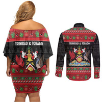 Trinidad And Tobago Christmas Couples Matching Off Shoulder Short Dress and Long Sleeve Button Shirt Merry Xmas Coat Of Arms - Wonder Print Shop