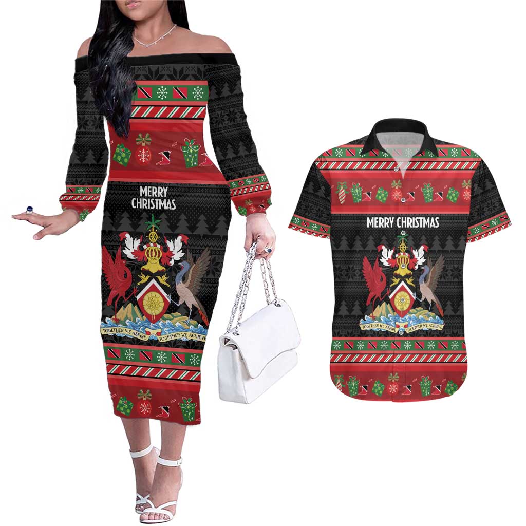 Trinidad And Tobago Christmas Couples Matching Off The Shoulder Long Sleeve Dress and Hawaiian Shirt Merry Xmas Coat Of Arms - Wonder Print Shop