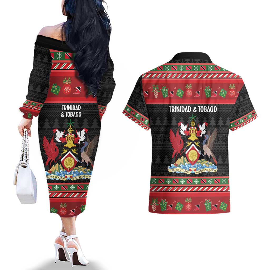 Trinidad And Tobago Christmas Couples Matching Off The Shoulder Long Sleeve Dress and Hawaiian Shirt Merry Xmas Coat Of Arms - Wonder Print Shop