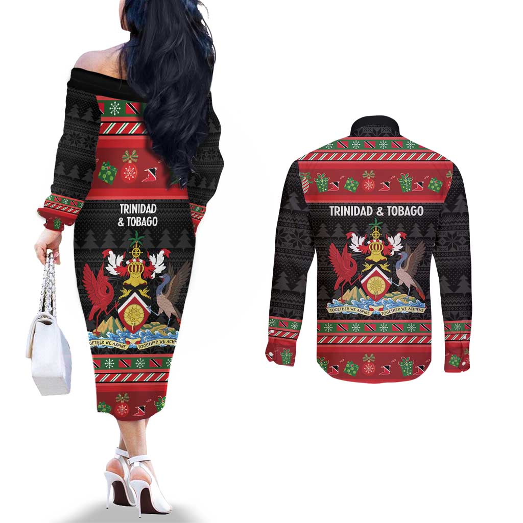 Trinidad And Tobago Christmas Couples Matching Off The Shoulder Long Sleeve Dress and Long Sleeve Button Shirt Merry Xmas Coat Of Arms - Wonder Print Shop