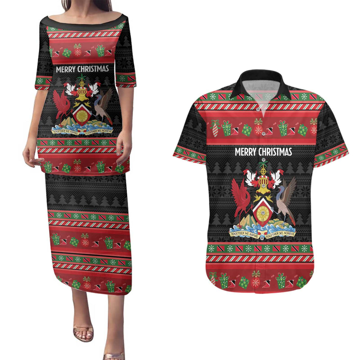 Trinidad And Tobago Christmas Couples Matching Puletasi and Hawaiian Shirt Merry Xmas Coat Of Arms - Wonder Print Shop
