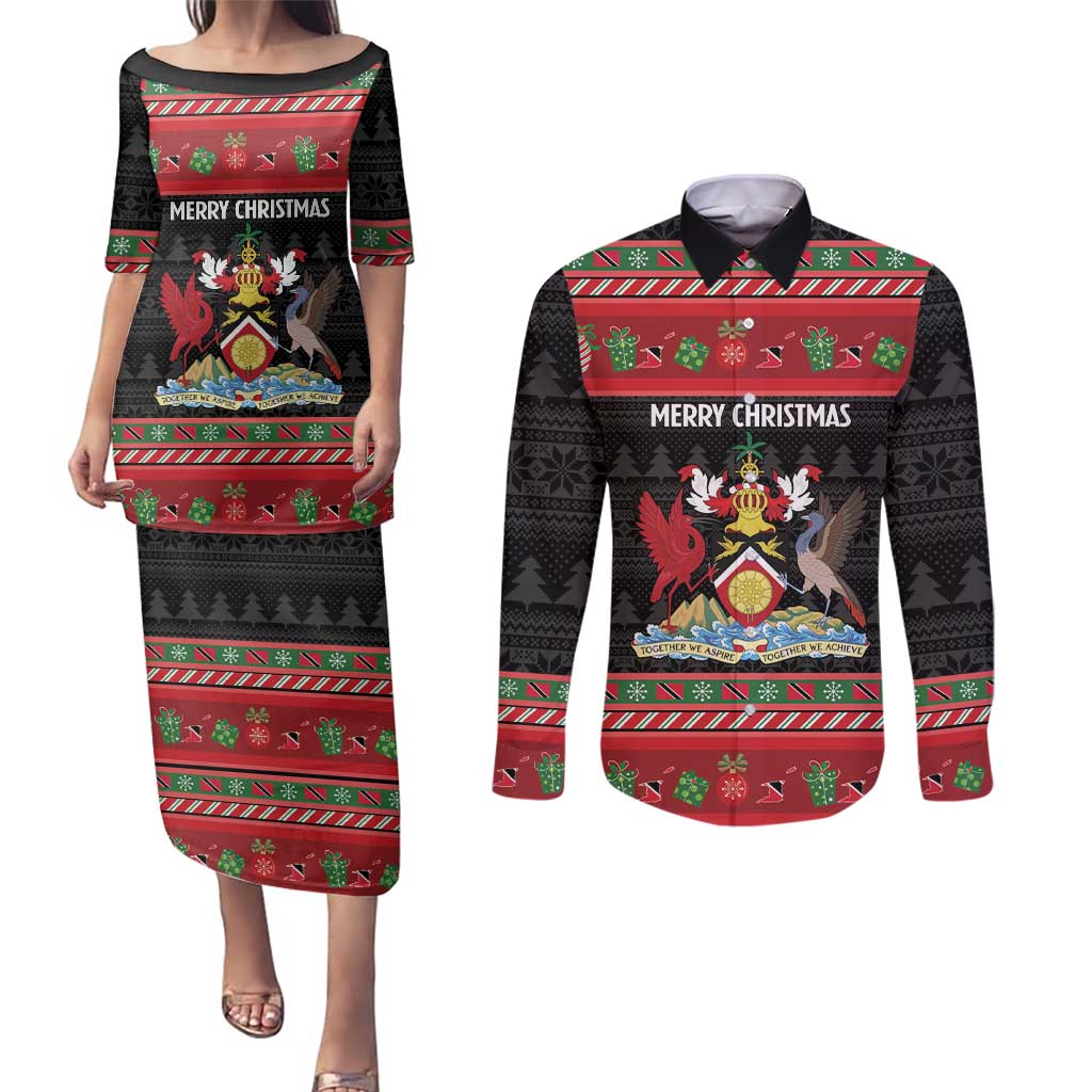 Trinidad And Tobago Christmas Couples Matching Puletasi and Long Sleeve Button Shirt Merry Xmas Coat Of Arms - Wonder Print Shop