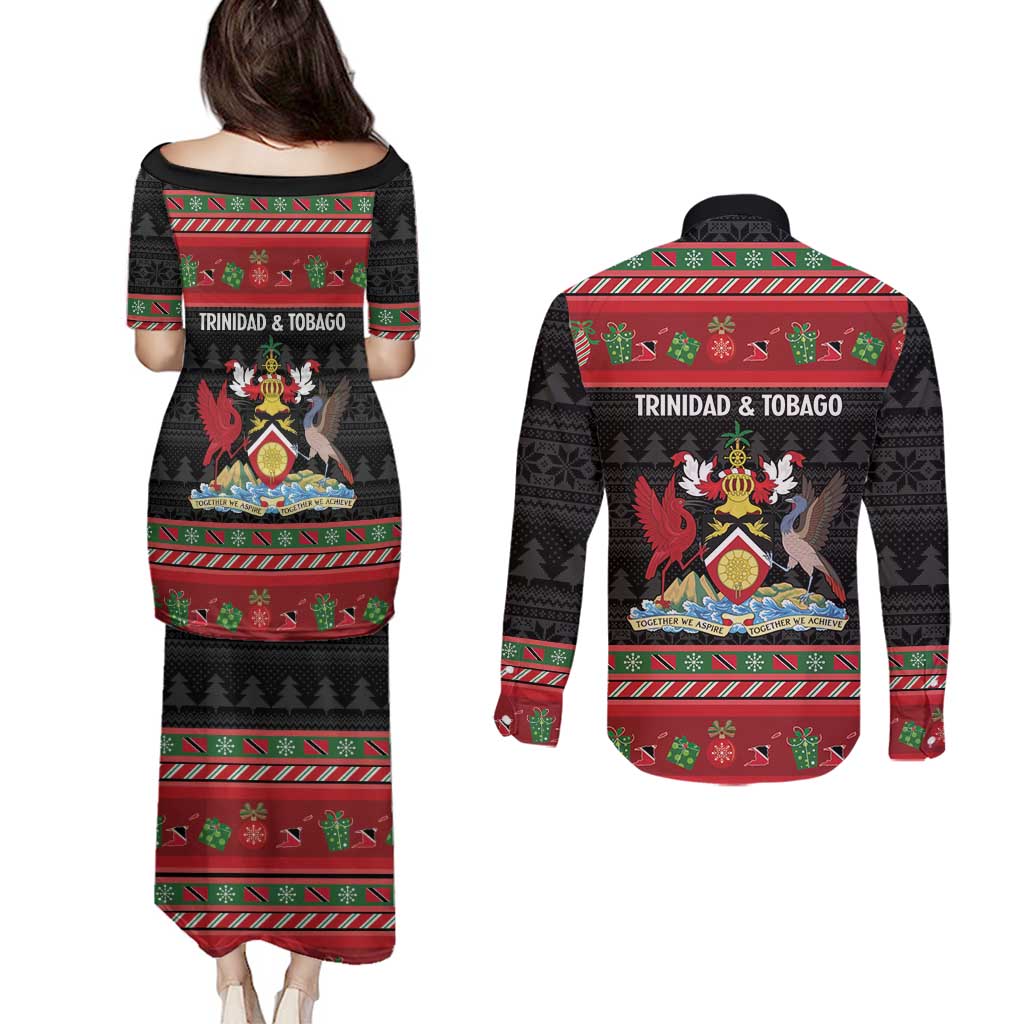 Trinidad And Tobago Christmas Couples Matching Puletasi and Long Sleeve Button Shirt Merry Xmas Coat Of Arms - Wonder Print Shop