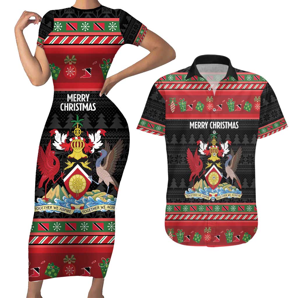 Trinidad And Tobago Christmas Couples Matching Short Sleeve Bodycon Dress and Hawaiian Shirt Merry Xmas Coat Of Arms - Wonder Print Shop