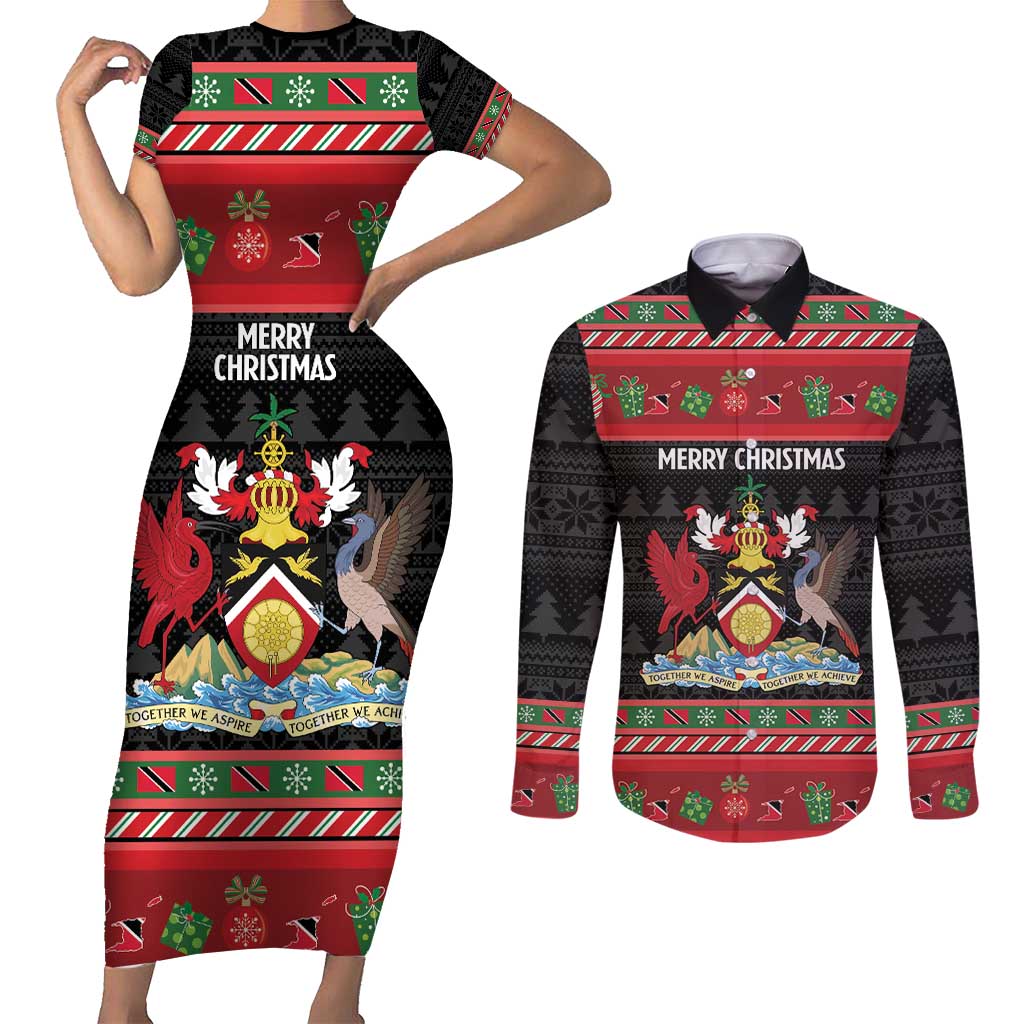 Trinidad And Tobago Christmas Couples Matching Short Sleeve Bodycon Dress and Long Sleeve Button Shirt Merry Xmas Coat Of Arms - Wonder Print Shop