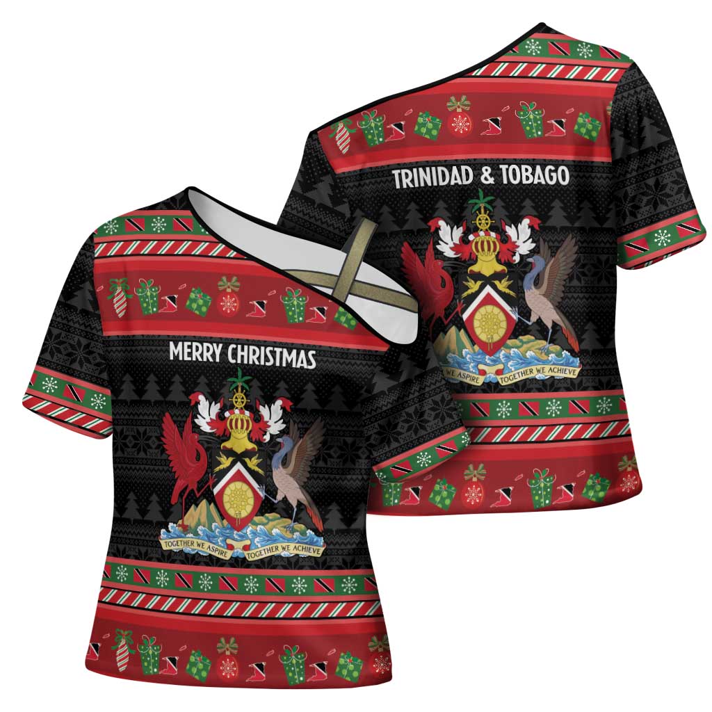 Trinidad And Tobago Christmas Cross Shoulder Shirt Merry Xmas Coat Of Arms - Wonder Print Shop