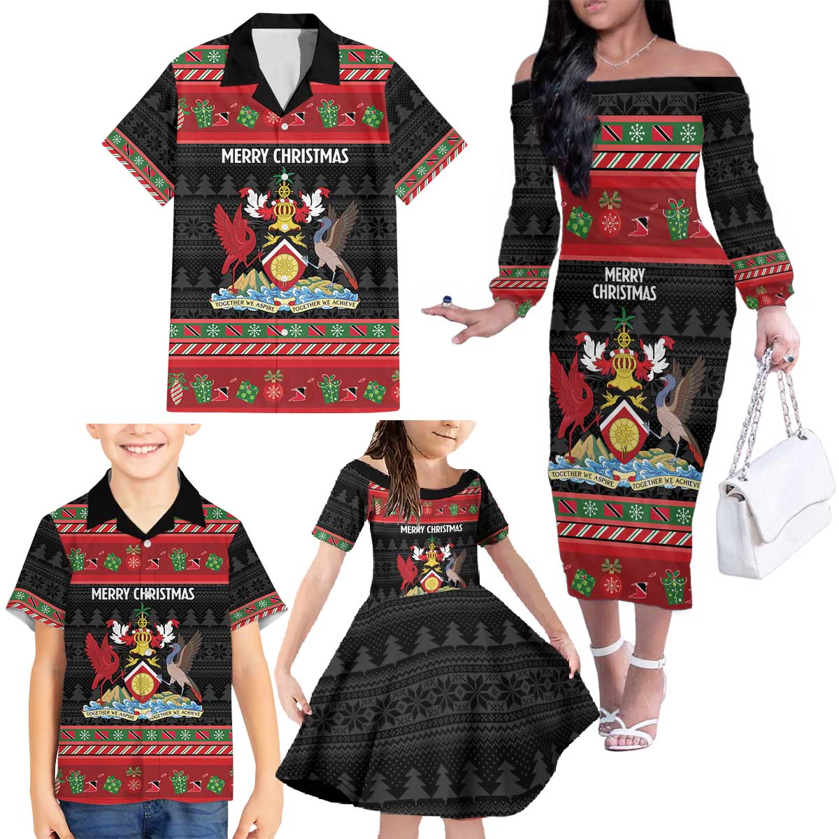 Trinidad And Tobago Christmas Family Matching Off The Shoulder Long Sleeve Dress and Hawaiian Shirt Merry Xmas Coat Of Arms - Wonder Print Shop