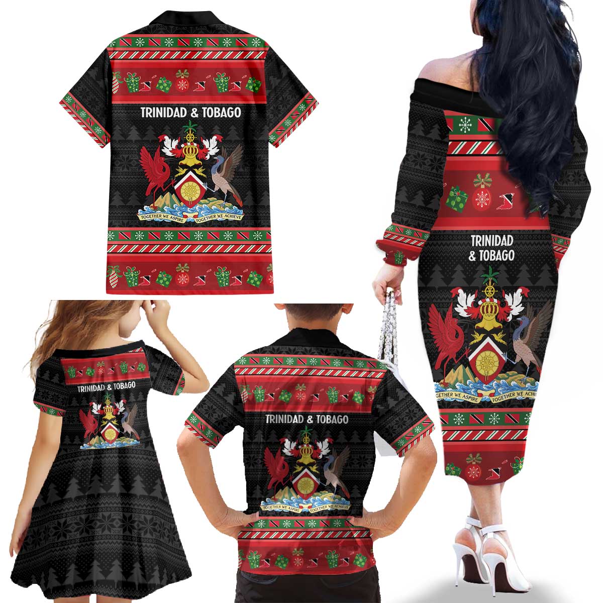Trinidad And Tobago Christmas Family Matching Off The Shoulder Long Sleeve Dress and Hawaiian Shirt Merry Xmas Coat Of Arms - Wonder Print Shop