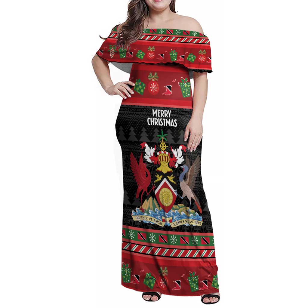Trinidad And Tobago Christmas Family Matching Off Shoulder Maxi Dress and Hawaiian Shirt Merry Xmas Coat Of Arms - Wonder Print Shop