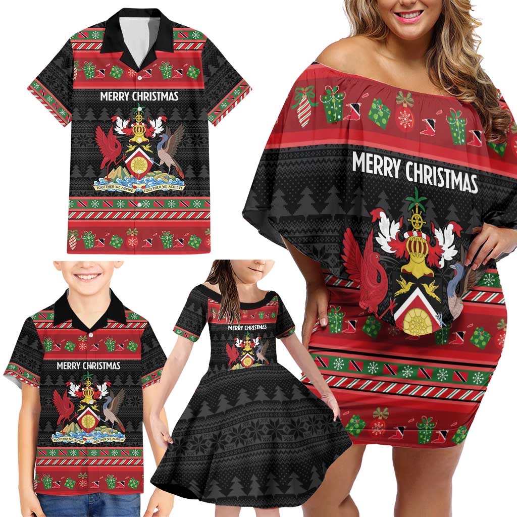 Trinidad And Tobago Christmas Family Matching Off Shoulder Short Dress and Hawaiian Shirt Merry Xmas Coat Of Arms - Wonder Print Shop