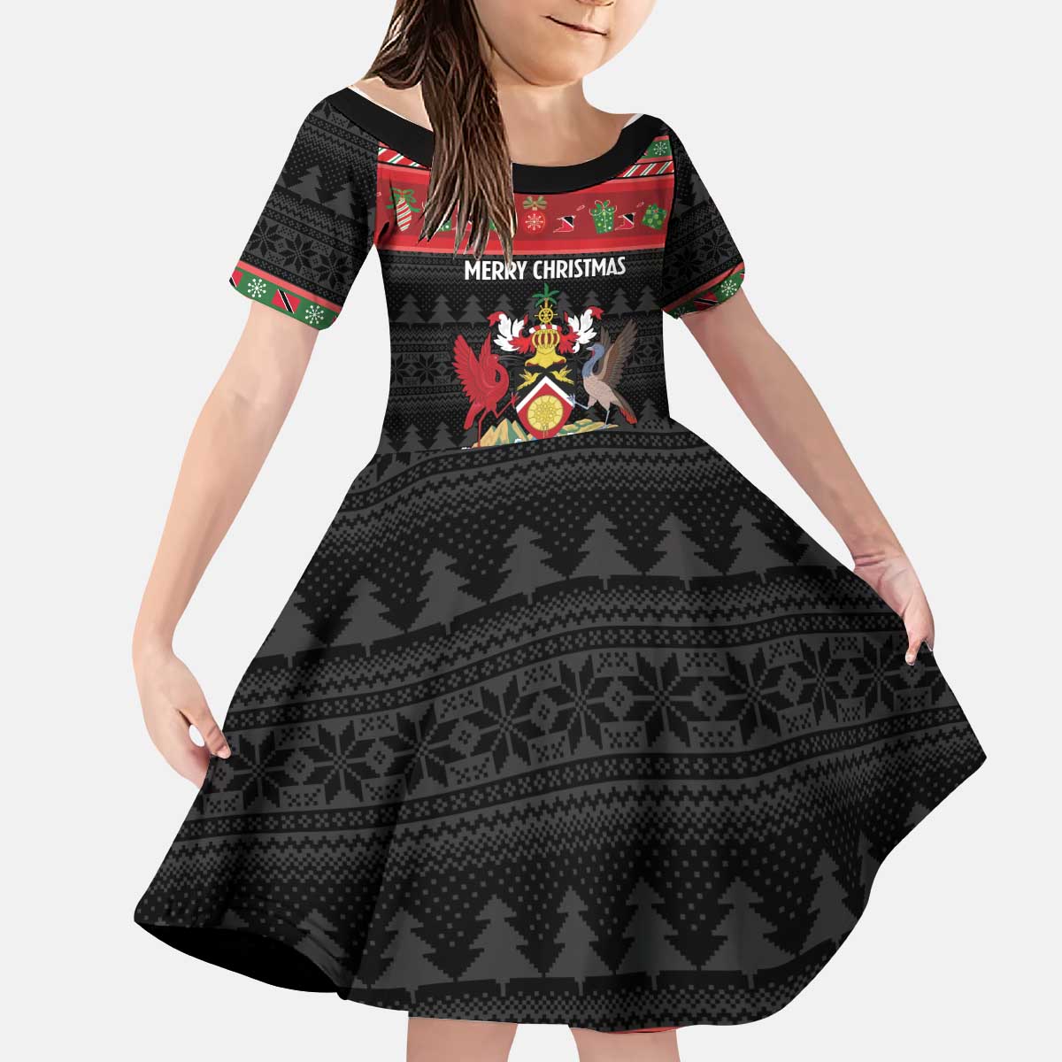 Trinidad And Tobago Christmas Kid Short Sleeve Dress Merry Xmas Coat Of Arms - Wonder Print Shop
