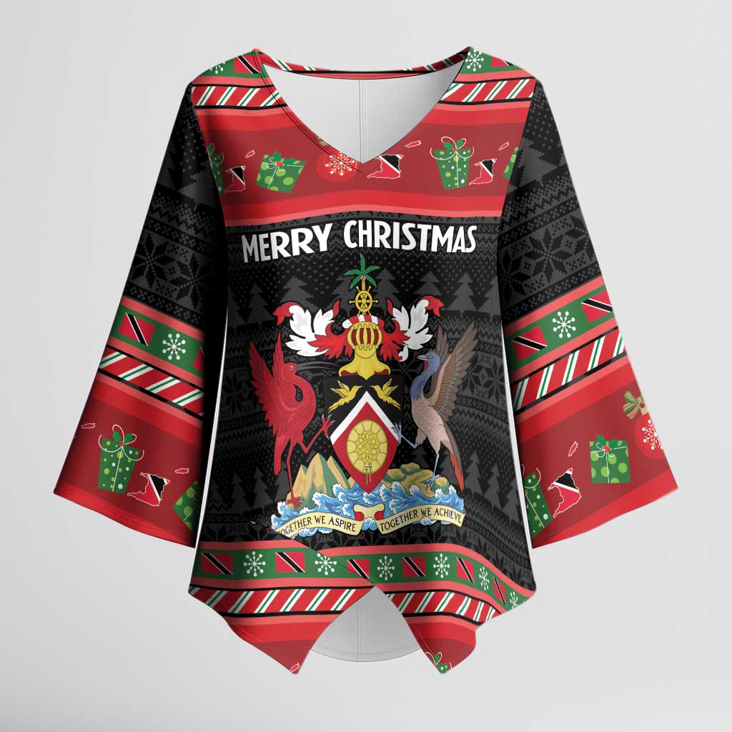 Trinidad And Tobago Christmas Kimono Sleeve Blouse Merry Xmas Coat Of Arms - Wonder Print Shop