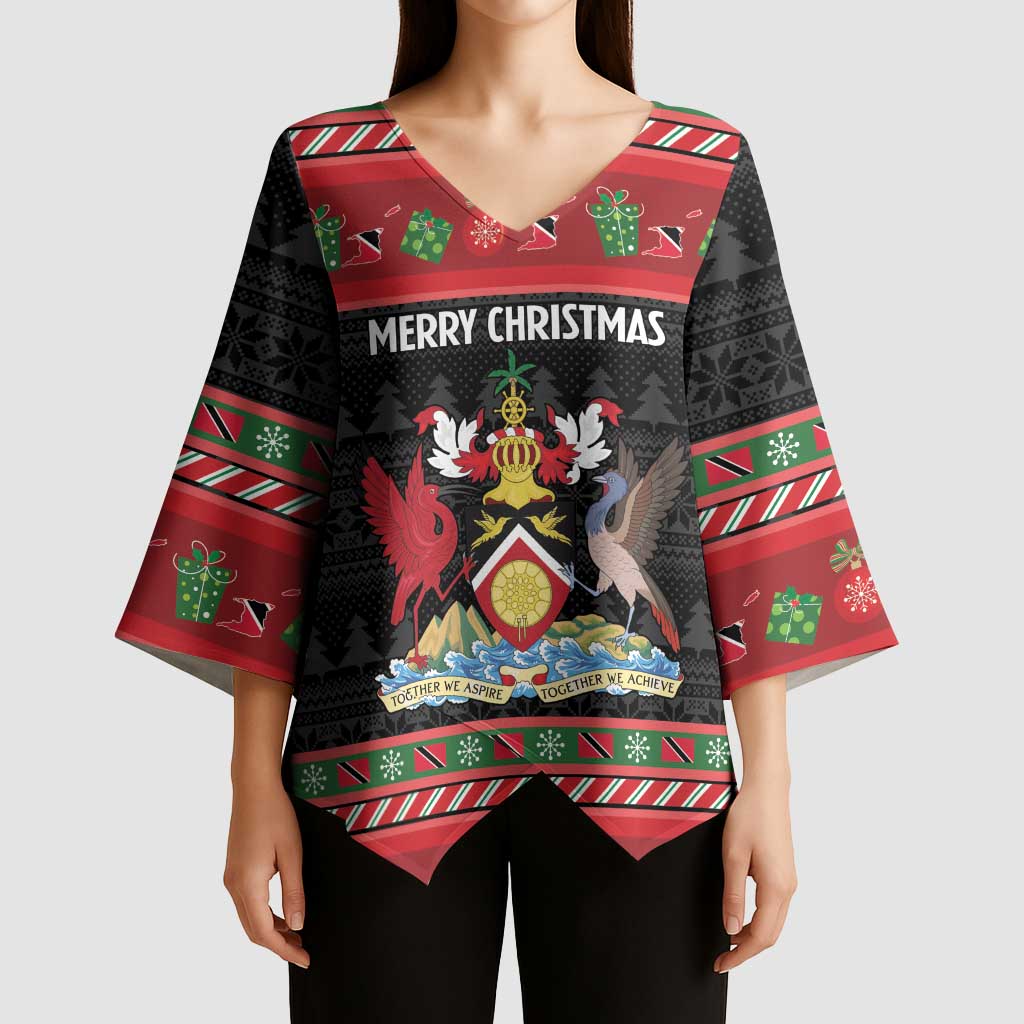 Trinidad And Tobago Christmas Kimono Sleeve Blouse Merry Xmas Coat Of Arms - Wonder Print Shop