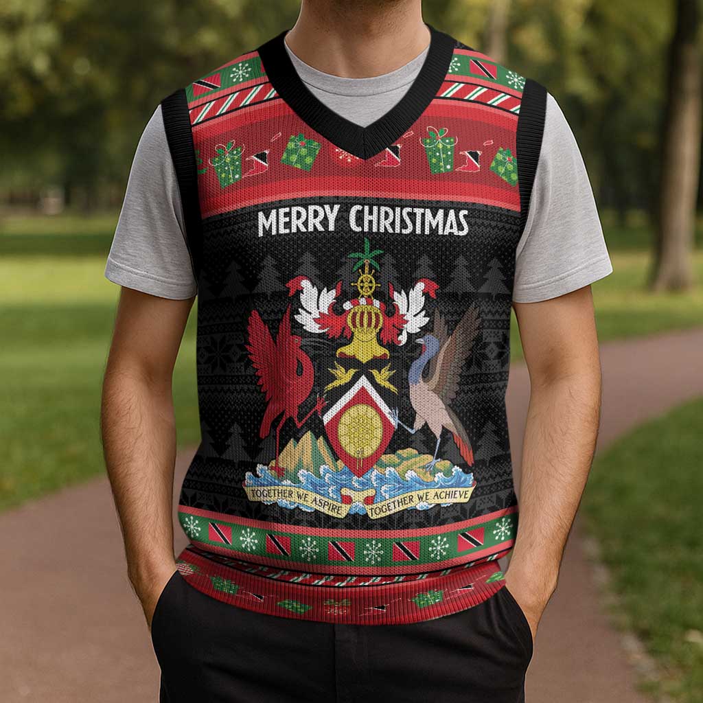 Trinidad And Tobago Christmas Knitted V-Neck Vest Merry Xmas Coat Of Arms - Wonder Print Shop