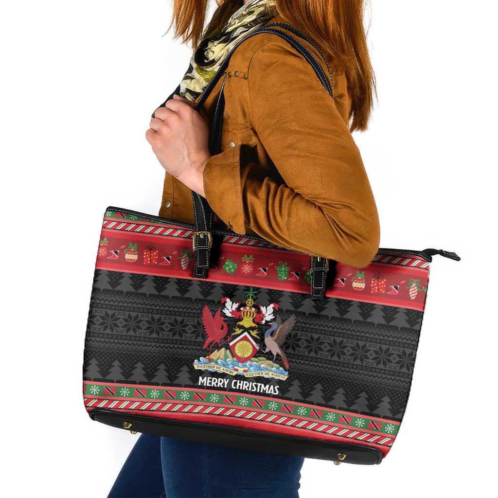 Trinidad And Tobago Christmas Leather Tote Bag Merry Xmas Coat Of Arms - Wonder Print Shop