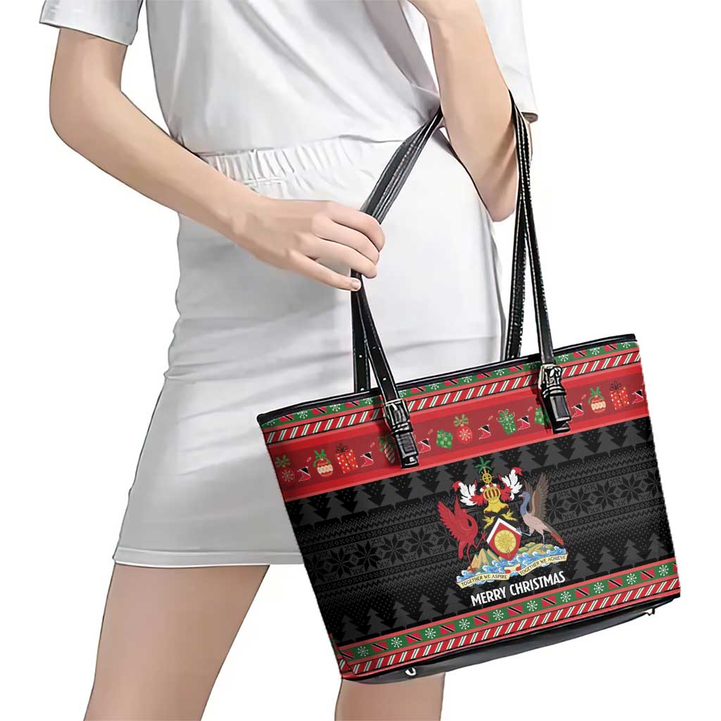 Trinidad And Tobago Christmas Leather Tote Bag Merry Xmas Coat Of Arms - Wonder Print Shop