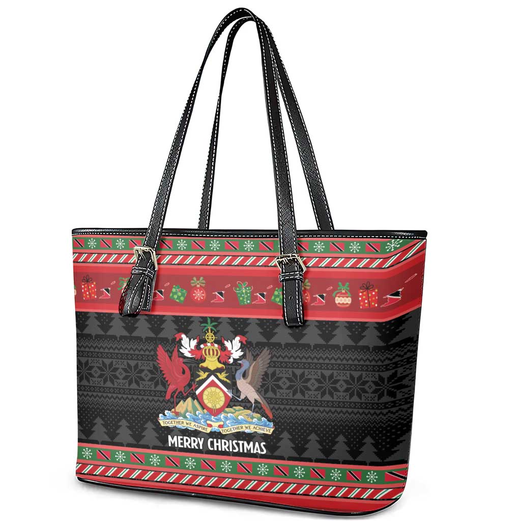 Trinidad And Tobago Christmas Leather Tote Bag Merry Xmas Coat Of Arms - Wonder Print Shop
