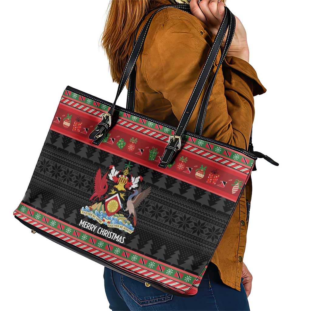 Trinidad And Tobago Christmas Leather Tote Bag Merry Xmas Coat Of Arms - Wonder Print Shop
