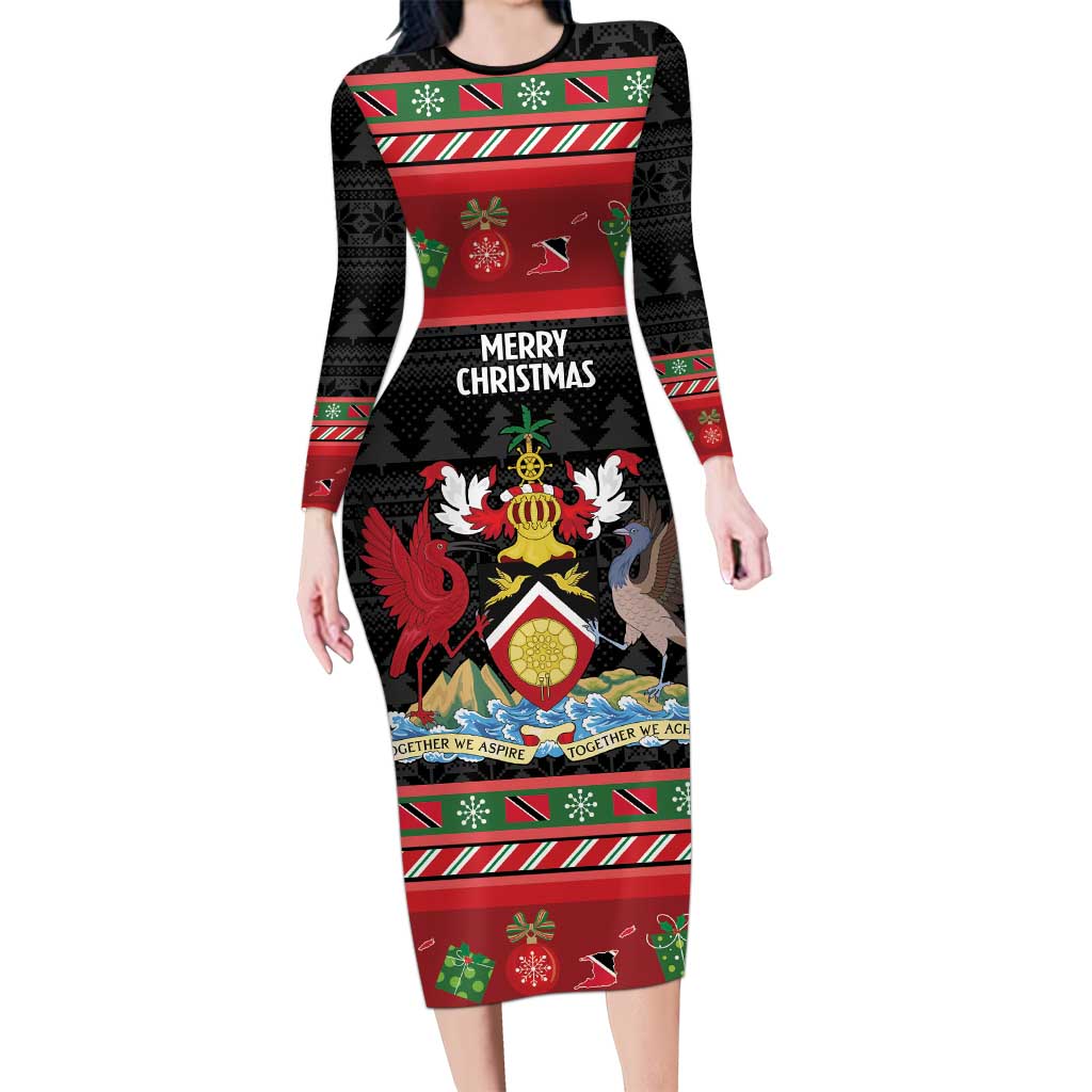 Trinidad And Tobago Christmas Long Sleeve Bodycon Dress Merry Xmas Coat Of Arms - Wonder Print Shop