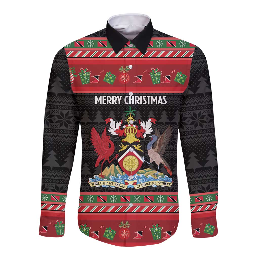 Trinidad And Tobago Christmas Long Sleeve Button Shirt Merry Xmas Coat Of Arms - Wonder Print Shop