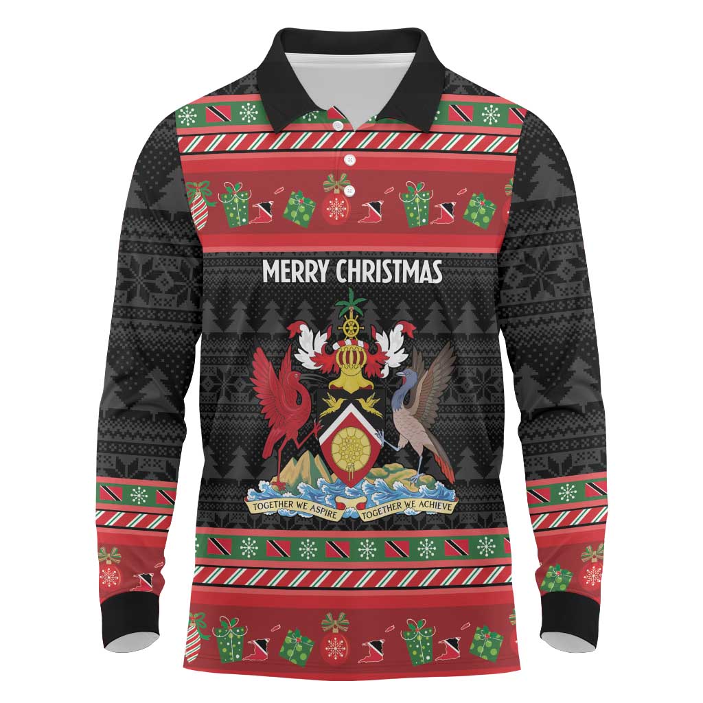 Trinidad And Tobago Christmas Long Sleeve Polo Shirt Merry Xmas Coat Of Arms - Wonder Print Shop