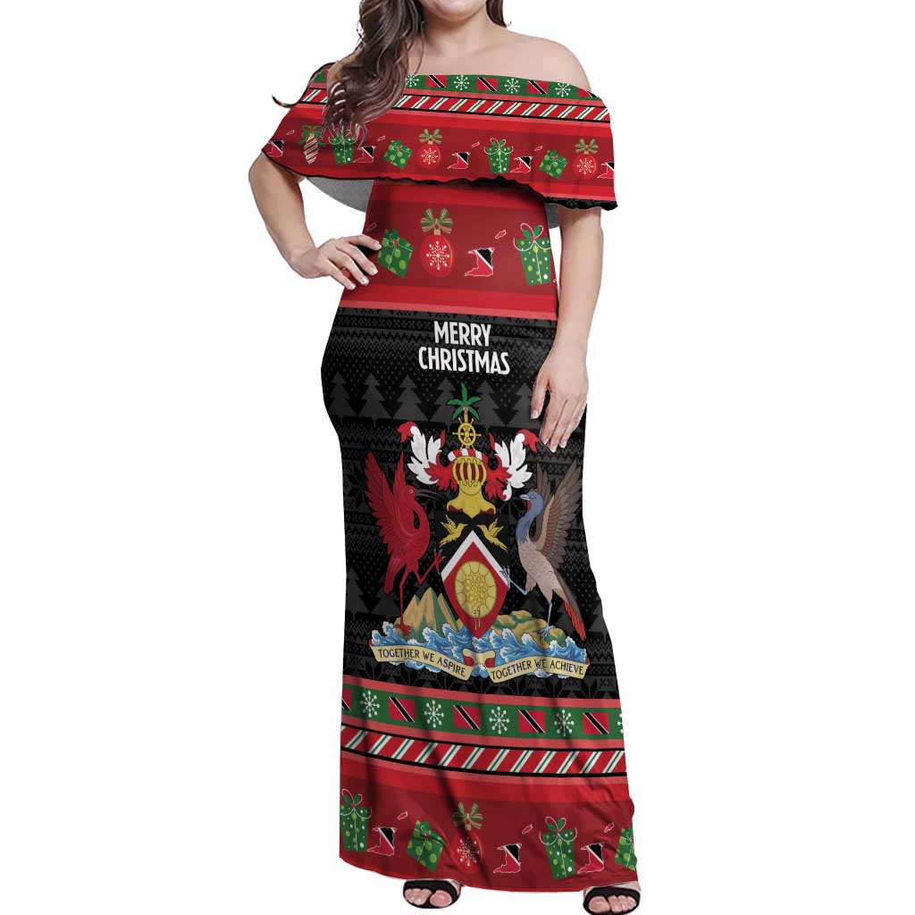 Trinidad And Tobago Christmas Off Shoulder Maxi Dress Merry Xmas Coat Of Arms - Wonder Print Shop