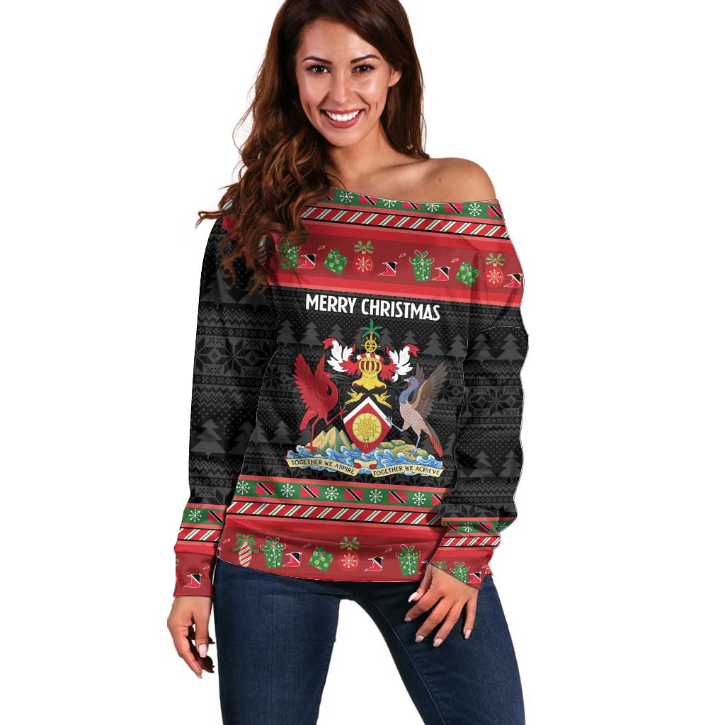 Trinidad And Tobago Christmas Off Shoulder Sweater Merry Xmas Coat Of Arms - Wonder Print Shop