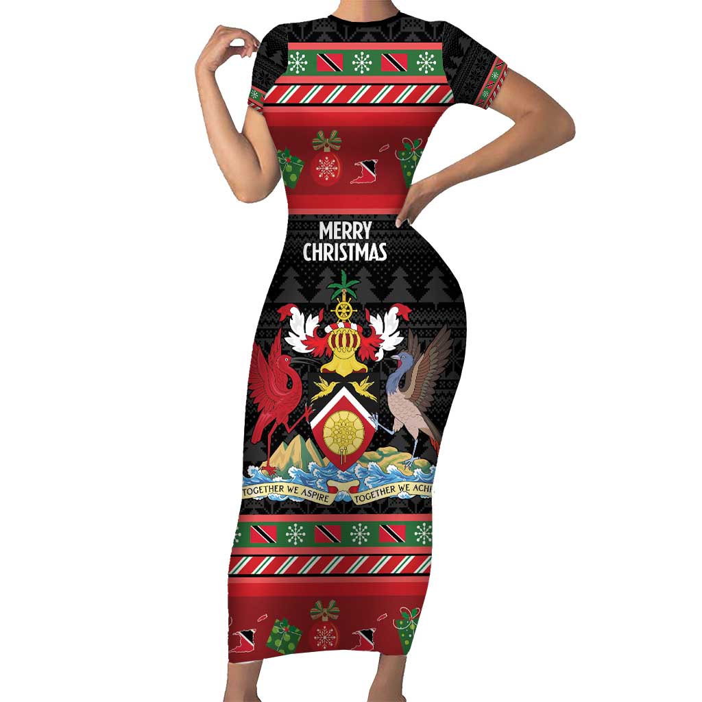 Trinidad And Tobago Christmas Short Sleeve Bodycon Dress Merry Xmas Coat Of Arms - Wonder Print Shop