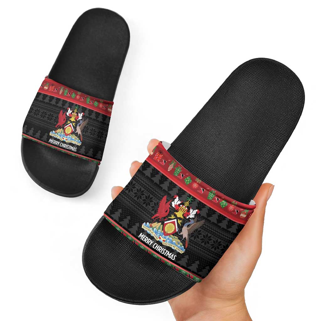 Trinidad And Tobago Christmas Slide Sandals Merry Xmas Coat Of Arms - Wonder Print Shop
