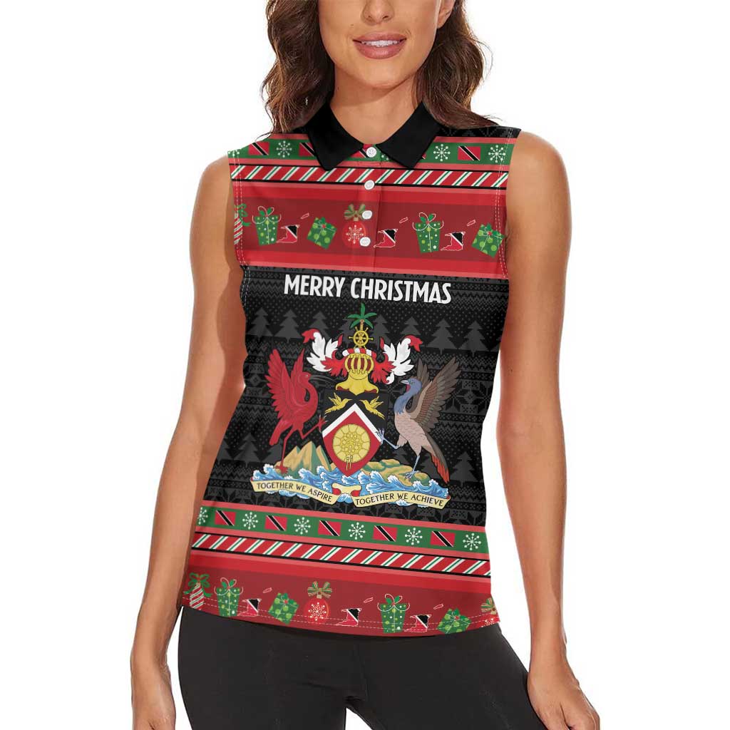Trinidad And Tobago Christmas Women Sleeveless Polo Shirt Merry Xmas Coat Of Arms - Wonder Print Shop