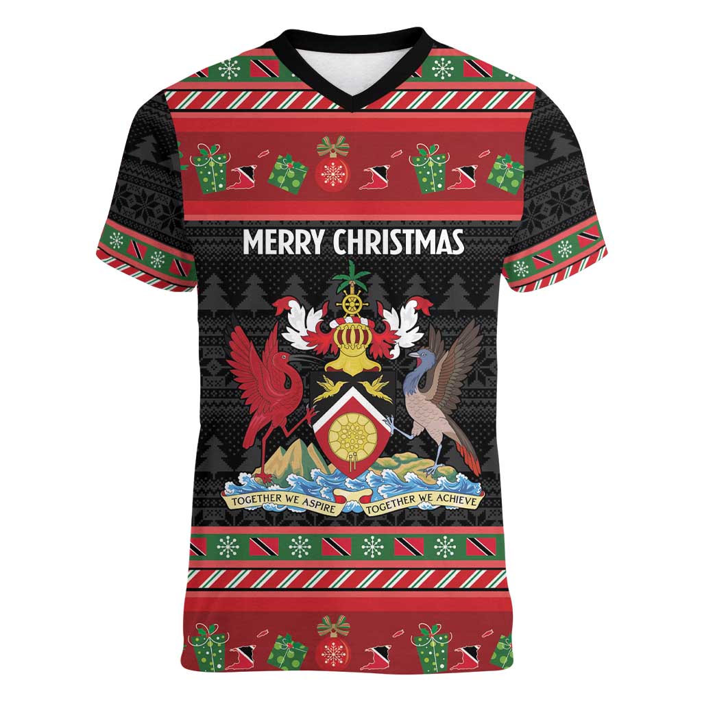 Trinidad And Tobago Christmas Women V-Neck T-Shirt Merry Xmas Coat Of Arms - Wonder Print Shop