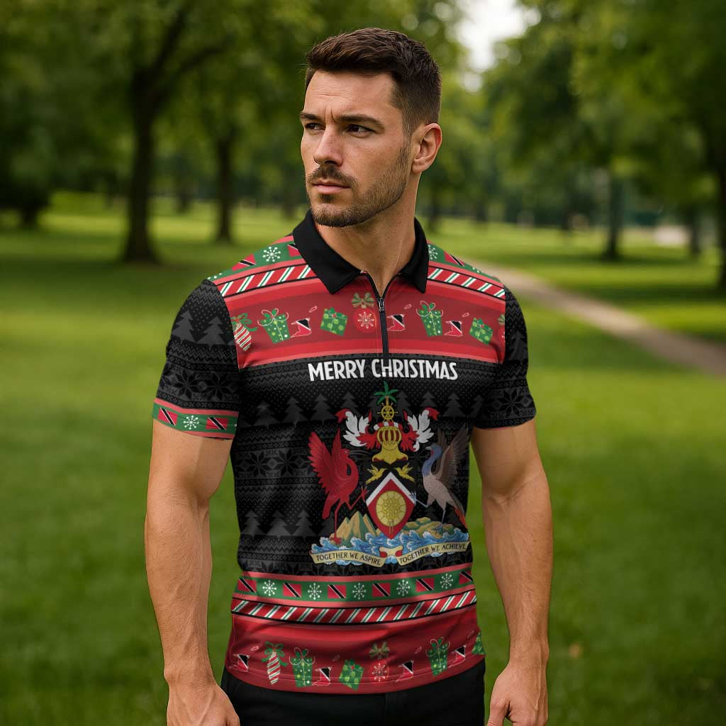 Trinidad And Tobago Christmas Zipper Polo Shirt Merry Xmas Coat Of Arms - Wonder Print Shop