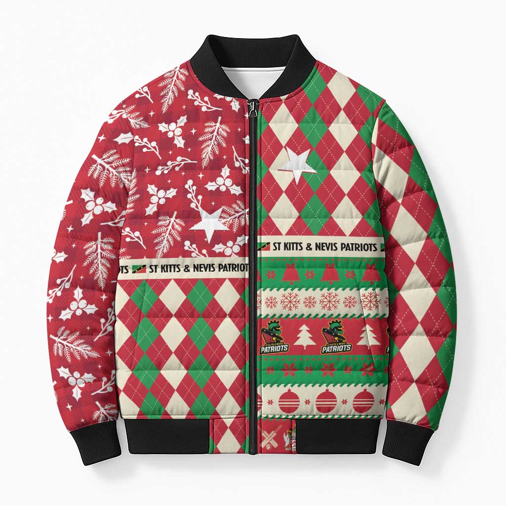 Personalized St Kitts & Nevis Cricket Christmas Bomber Puffer Jacket Merry Xmas Patriots - Wonder Print Shop