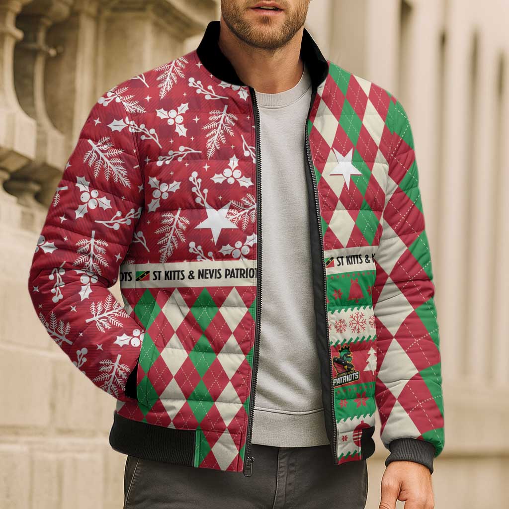Personalized St Kitts & Nevis Cricket Christmas Bomber Puffer Jacket Merry Xmas Patriots - Wonder Print Shop